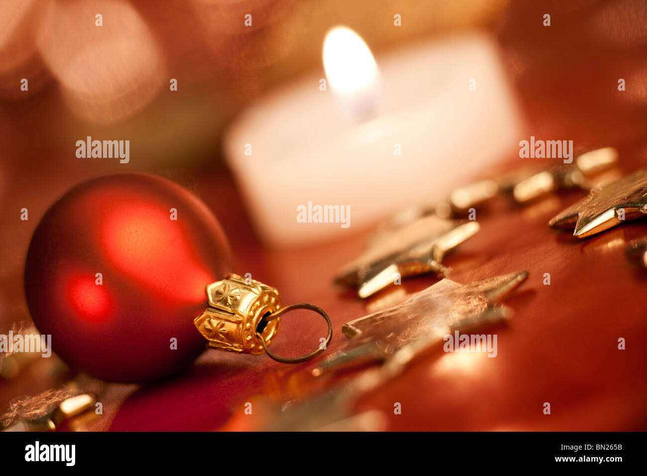 Christmas decoration with bauble. Shallow depth of field, focus on bauble, aRGB. Stock Photo