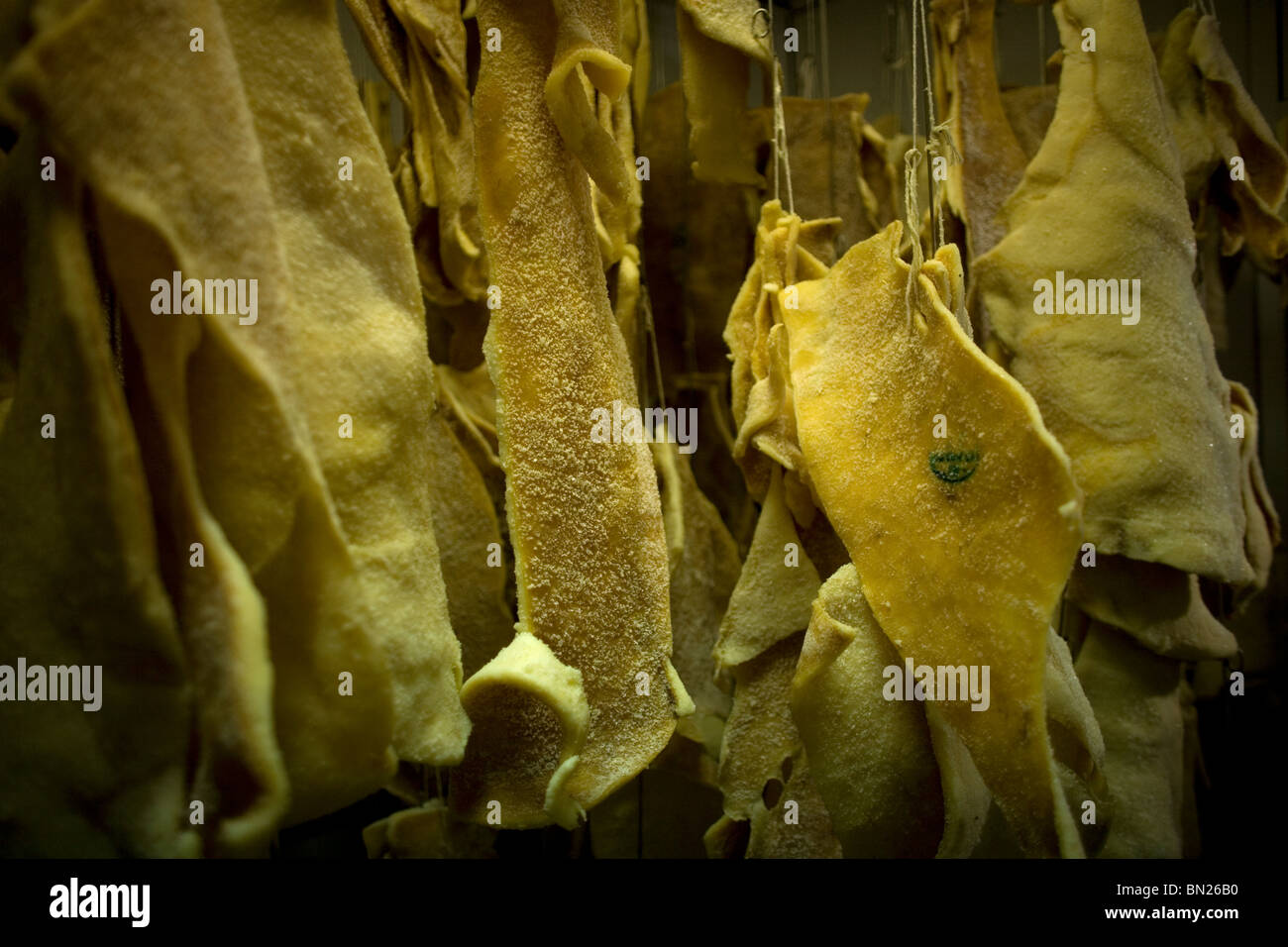 Pork fat from Spanish Iberian pigs hangs in meat store in Prado del Rey