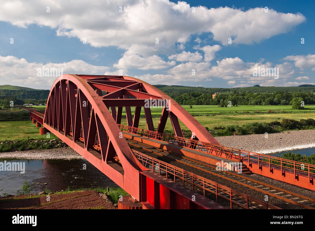 The railway bridge over the River Nith at Portrack, near Dumfries in SW Scotland, designed by the architect Charles Jencks Stock Photo