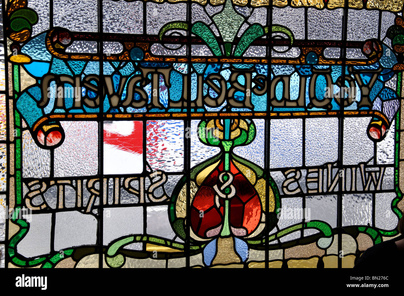 Stained glass window, Ye Olde Bell Tavern, Fleet Street, City of London, London, England, United Kingdom Stock Photo