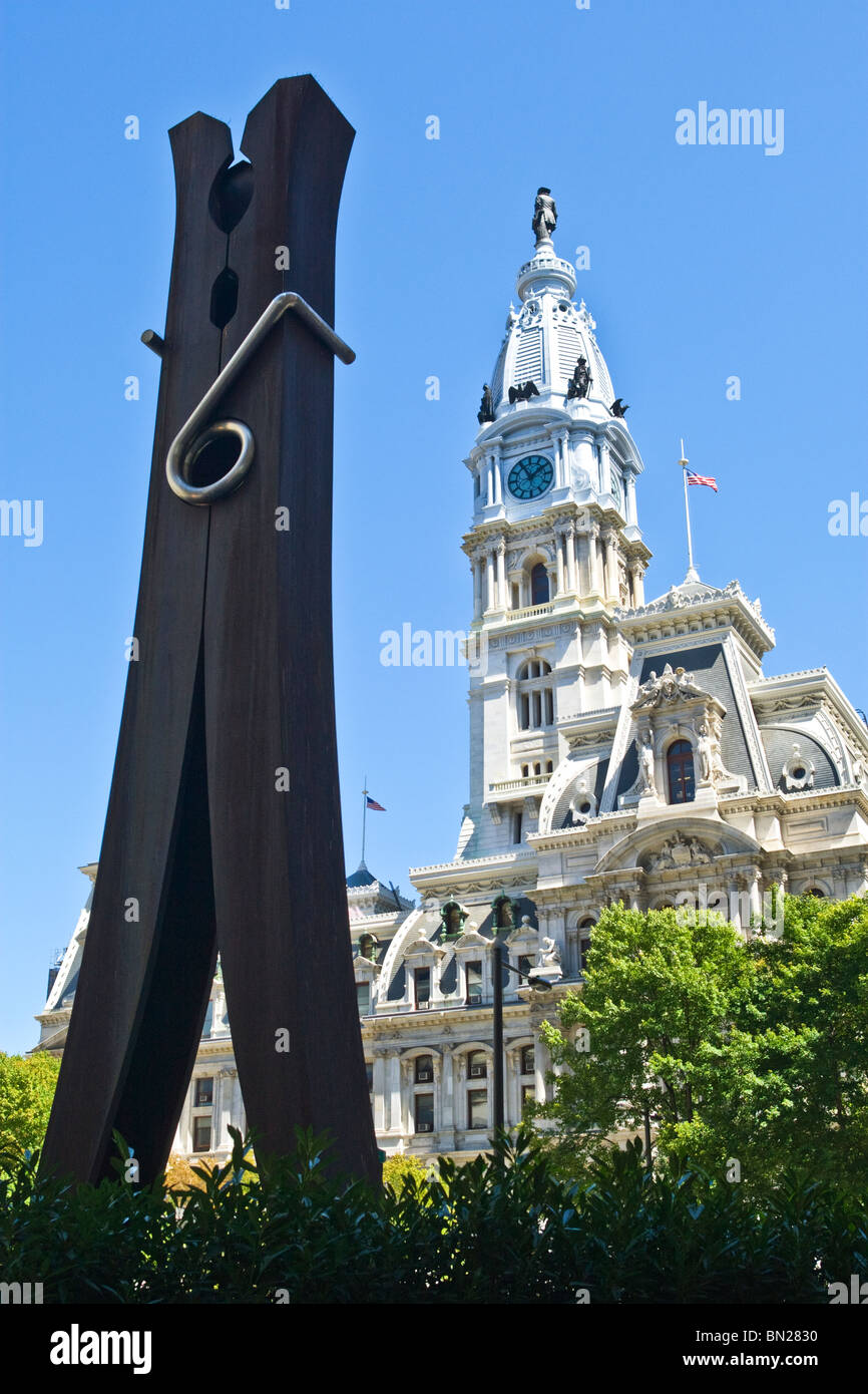 Philadelphia, PA clothespin structure with City Hall backdrop Stock Photo Alamy