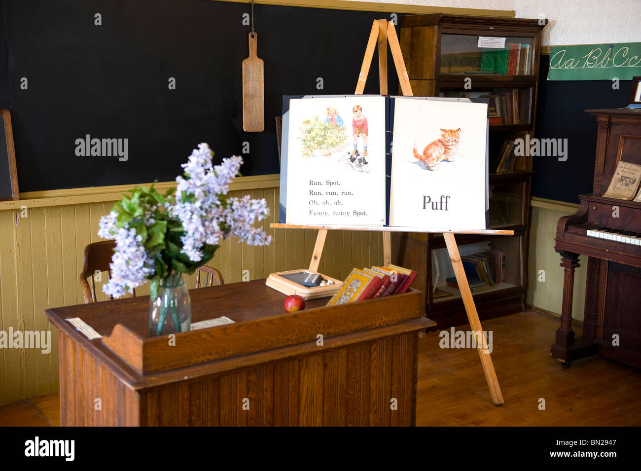 Inside of a mock one room school house circa 1900 Michigan Stock Photo