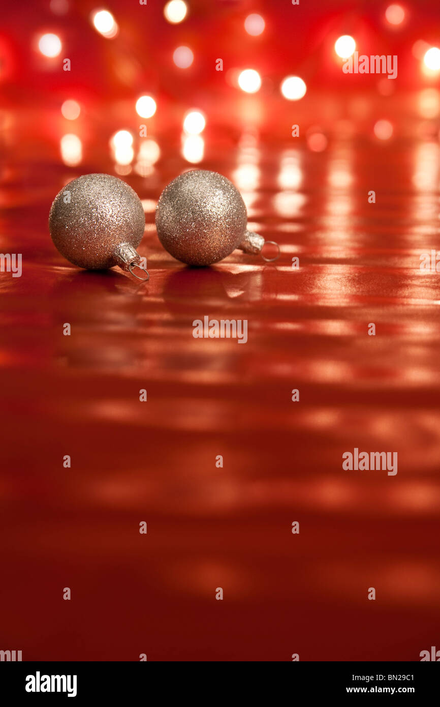 Christmas decoration with baubles. Shallow depth of field, focus on bauble, aRGB. Stock Photo