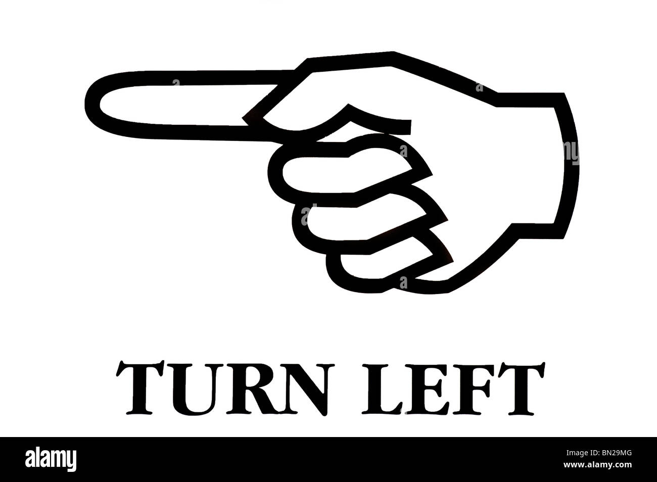 Turn left, pointing hand, directional sign in black and white Stock Photo
