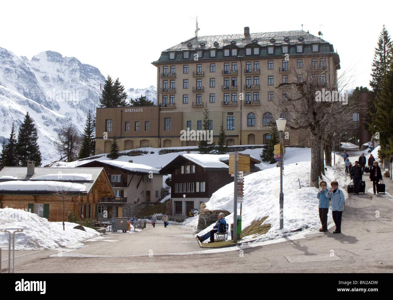 Swiss Alps ski resort: Village Wengen, Alpin Palace hotel; close down, street view, Bernese oberland switzerland Stock Photo
