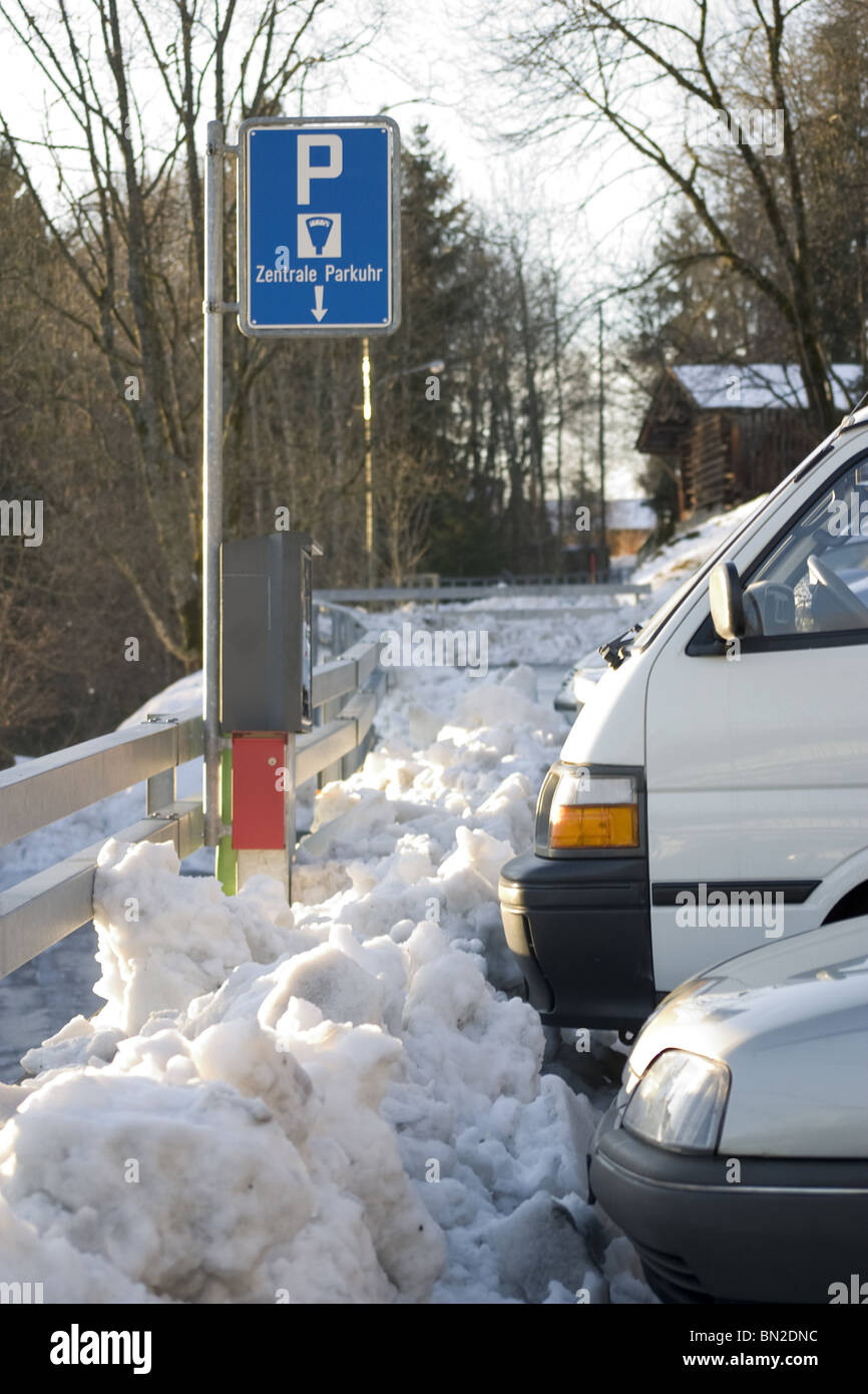 Swiss ski resort: Parking place for skiers at beatenberg car park Stock Photo