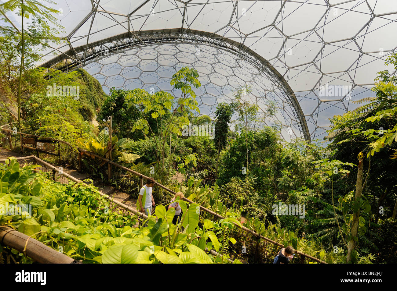 Tourists walk inside the tropical dome at the Eden project Stock Photo