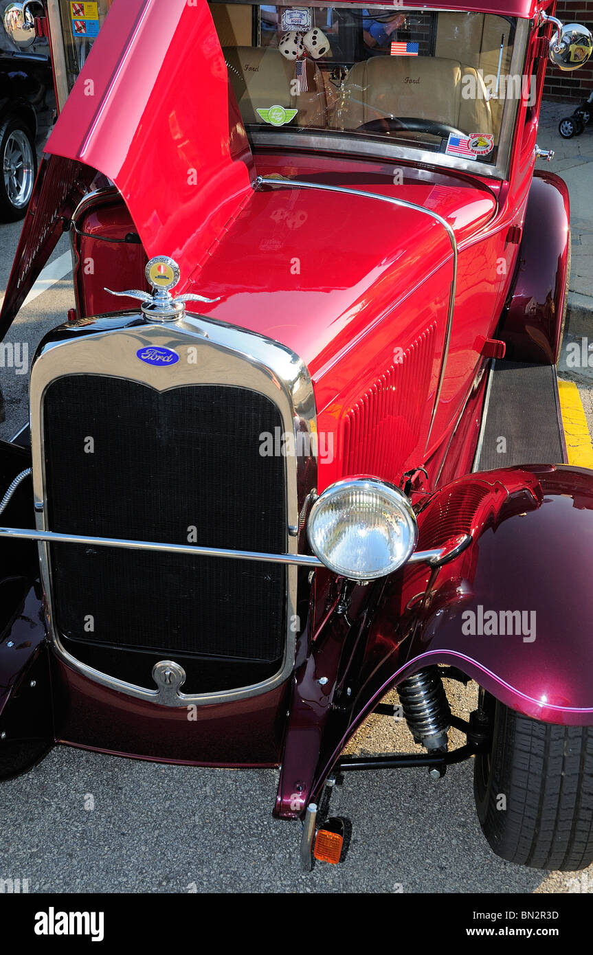 1930 Ford Coupe with hood up at small town America car show. Stock Photo