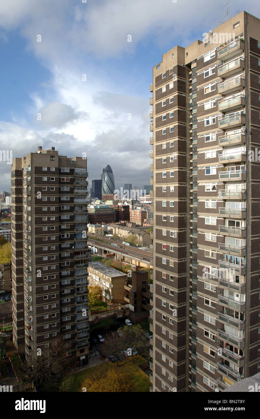 Tower block housing London with view of the Gherkin building and the City of London. Stock Photo