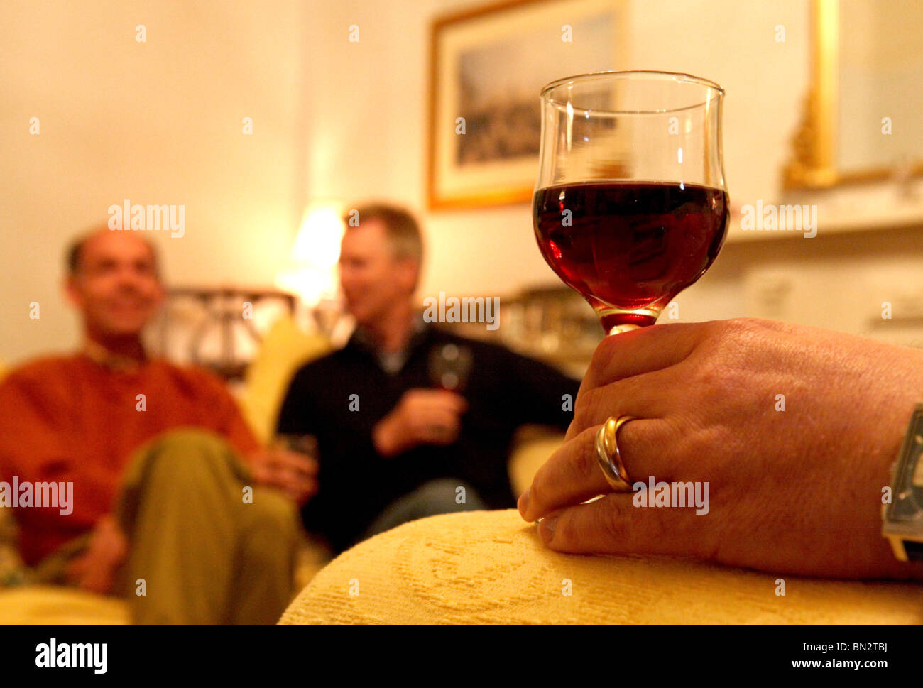 Guests enjoy a glass of red wine during a dinner party. Stock Photo