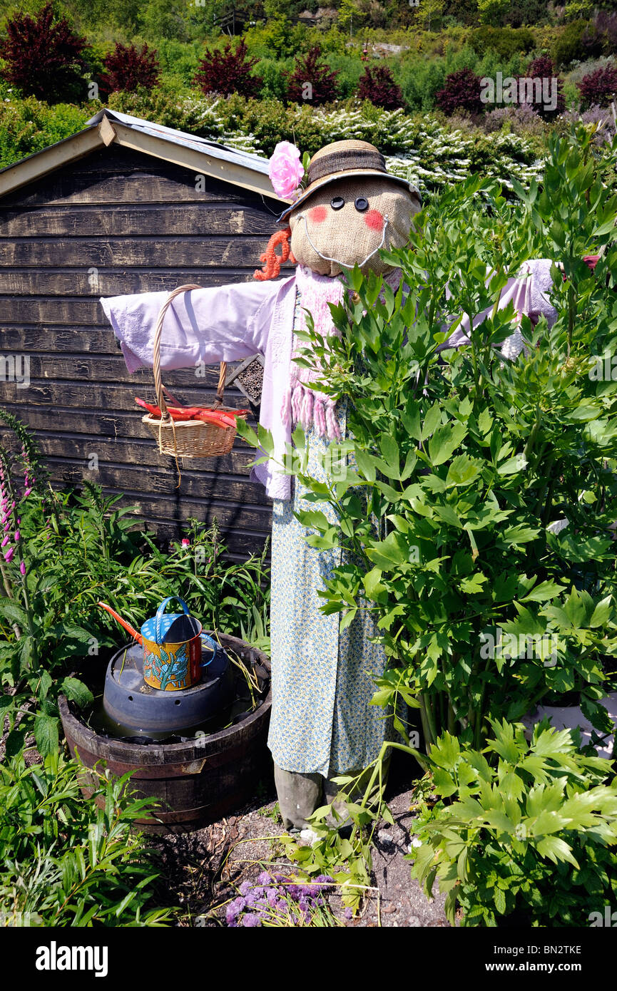 Decorative scarecrow keeps guard in an allotment garden Stock Photo