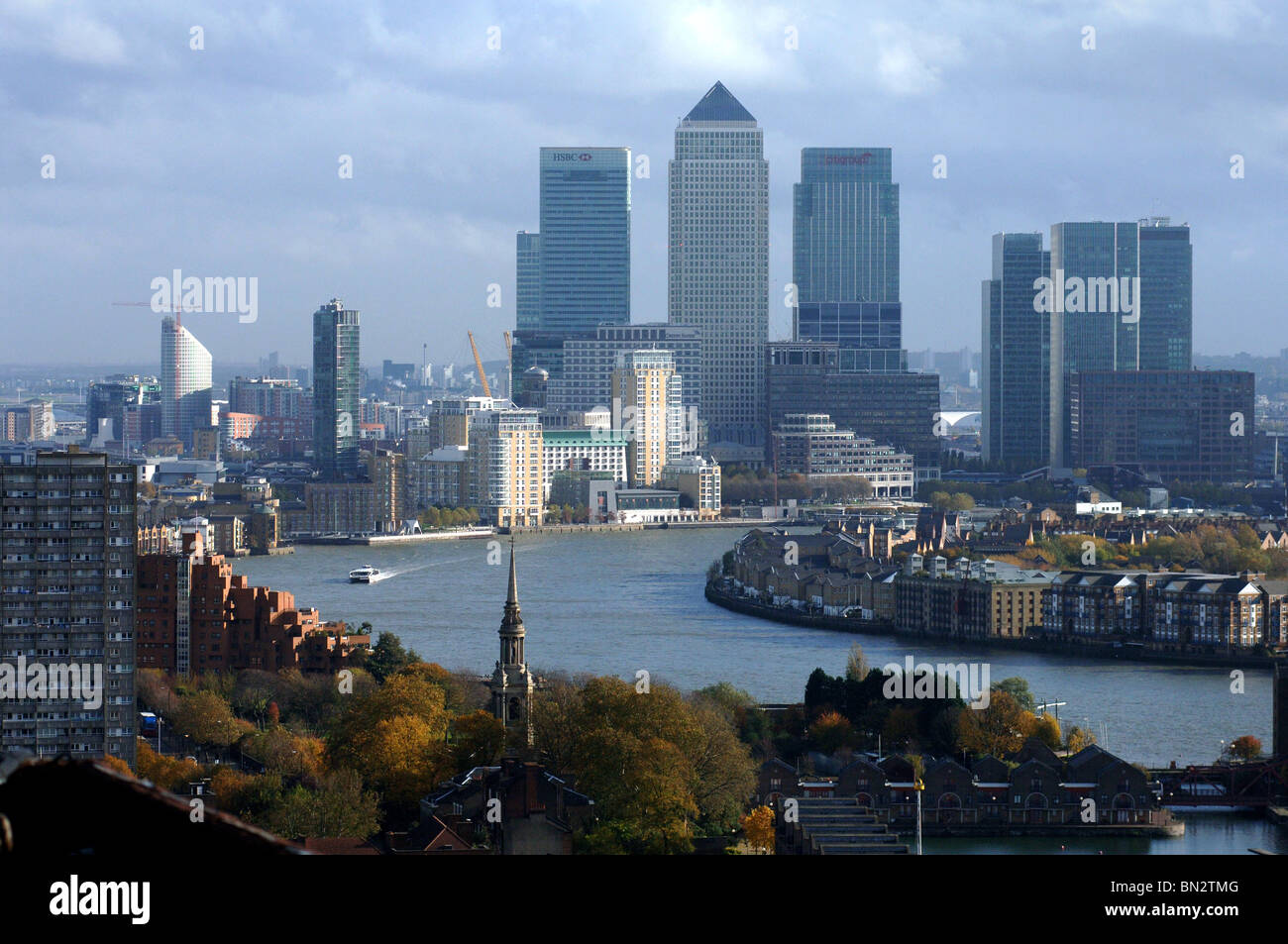 City scape view down the River Thames of Canary Wharf London Stock ...