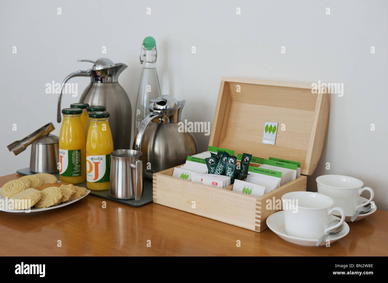 Office meeting room coffee biscuits tea and juice Stock Photo Alamy