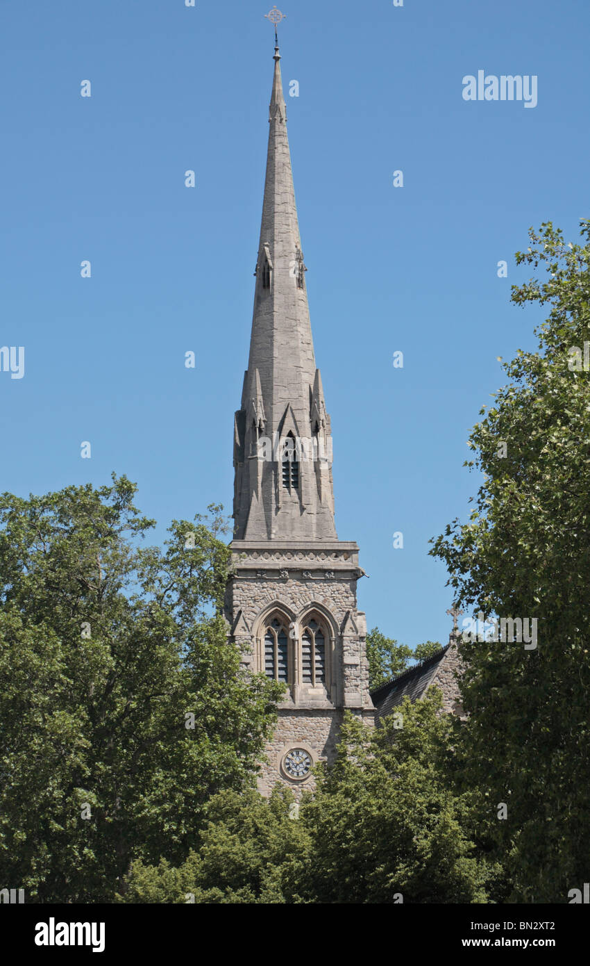 The spire of Saint Saviour's church, Saint George's Square, London SW1V 3QW, UK. Stock Photo