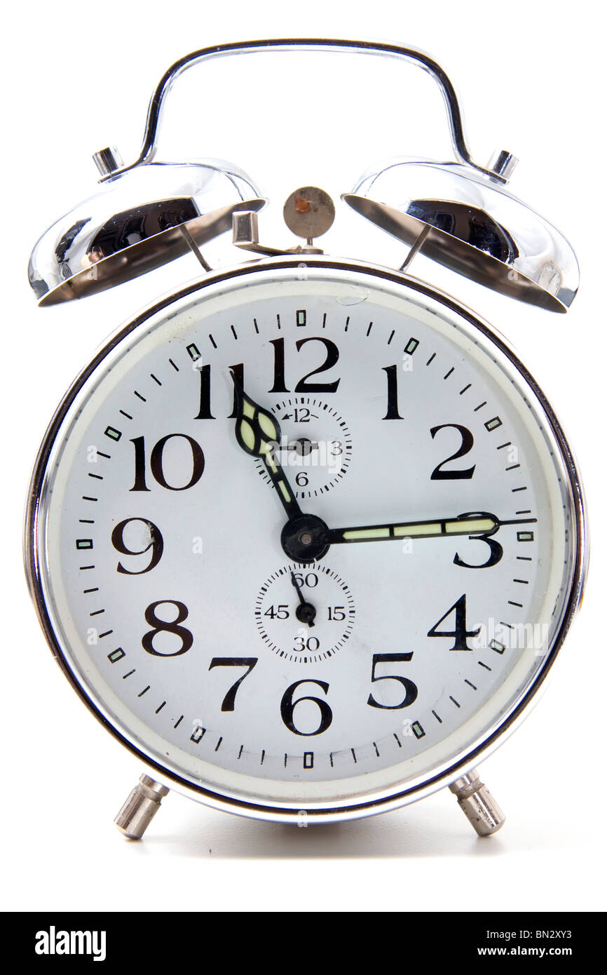 chrome alarm clock front view over white background Stock Photo Alamy