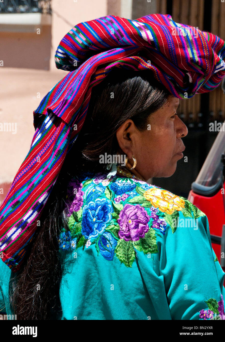 Traditional indigenous Mayan headgear  Panajachel Guatemala Stock Photo