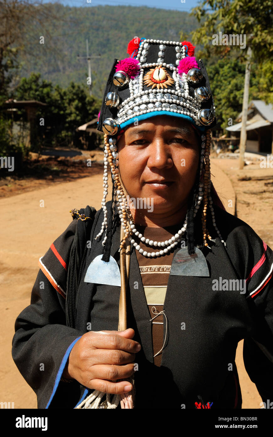 Portrait of a woman Akha wearing traditional clothes in Dao city, hill tribe, near Chiang Mai, Thailand, Asia Stock Photo
