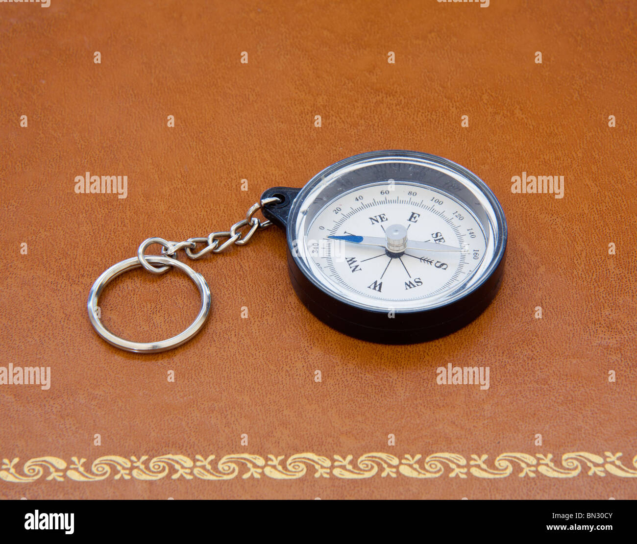 Compass on old leather desk Stock Photo
