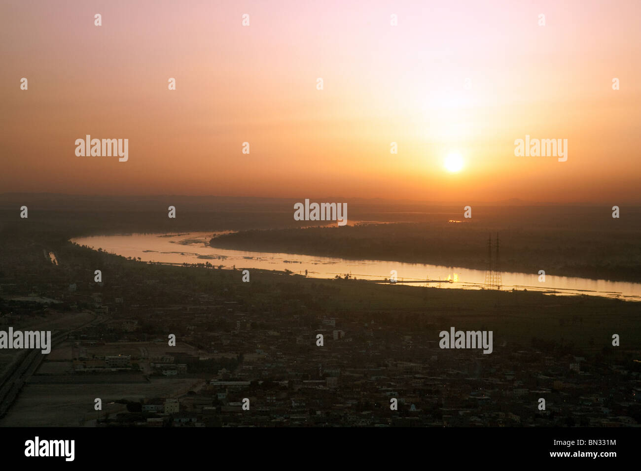 Sunrise over the river Nile at Luxor, Egypt, seen from the air in a hot air balloon Stock Photo