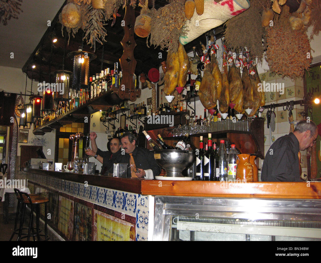 Tapas bar in the Santa Cruz District, Seville, Seville Province, Andalucia, Spain, Western Europe. Stock Photo