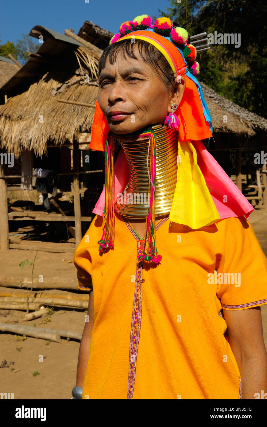 Kayan (ethnic minority) woman also called longneck wearing gold rings around  her neck, Mae Hong Son, Northern Thailand, Asia Stock Photo - Alamy