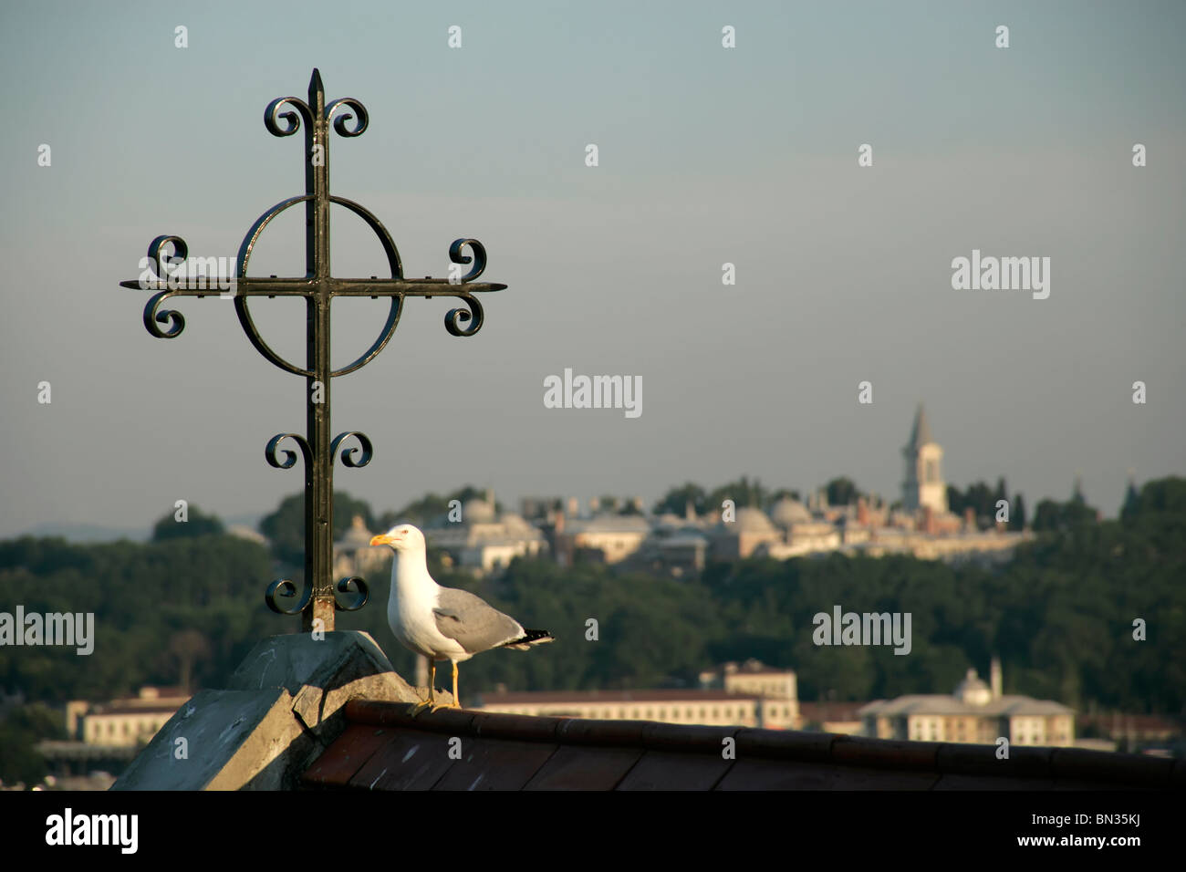 The cross of the Crimean Church in Galata with the Topkapi Palace in the background, Istanbul, Turkey Stock Photo