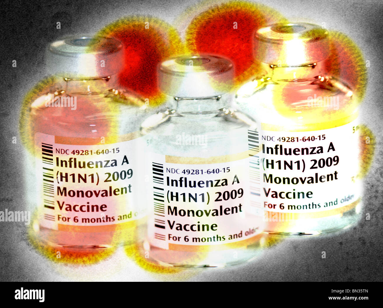 vials of the 2009 H1N1 swine flu vaccine superimposed on a transmission electron micrograph of the H1N1 virus Stock Photo