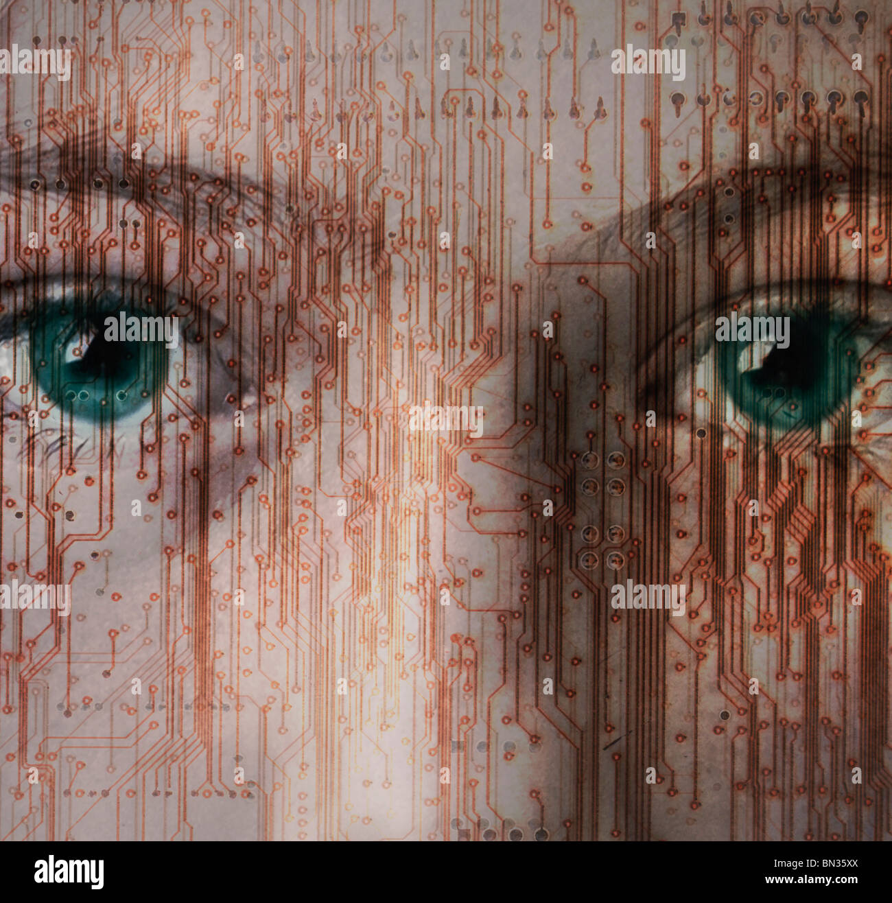 computer circuit board superimposed over a photograph of a girl Stock Photo