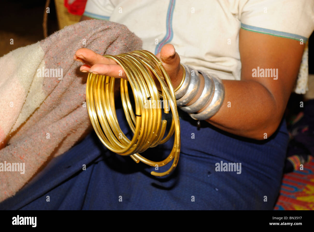 Gold rings used by Kayan Woman, Mae Hong Son, Northern Thailand, Asia Stock Photo