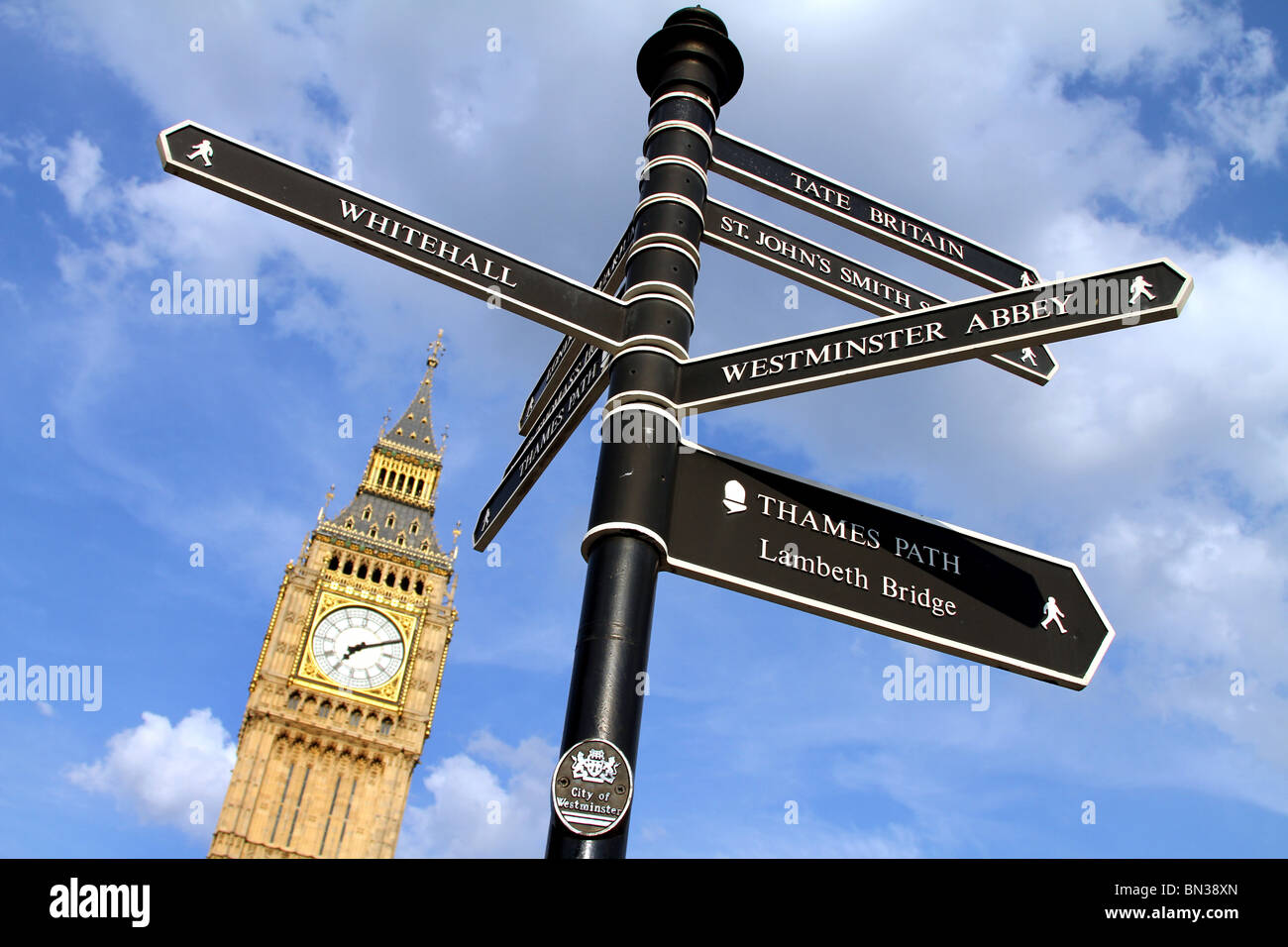 London Signpost Whitehall signpost and tourist attraction signwith Big Ben at the ...