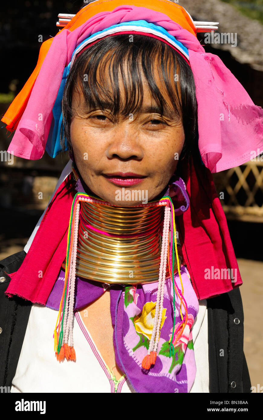 Kayan (ethnic minority) woman also called longneck wearing gold rings around her neck, Mae Hong Son, Northern Thailand, Asia Stock Photo