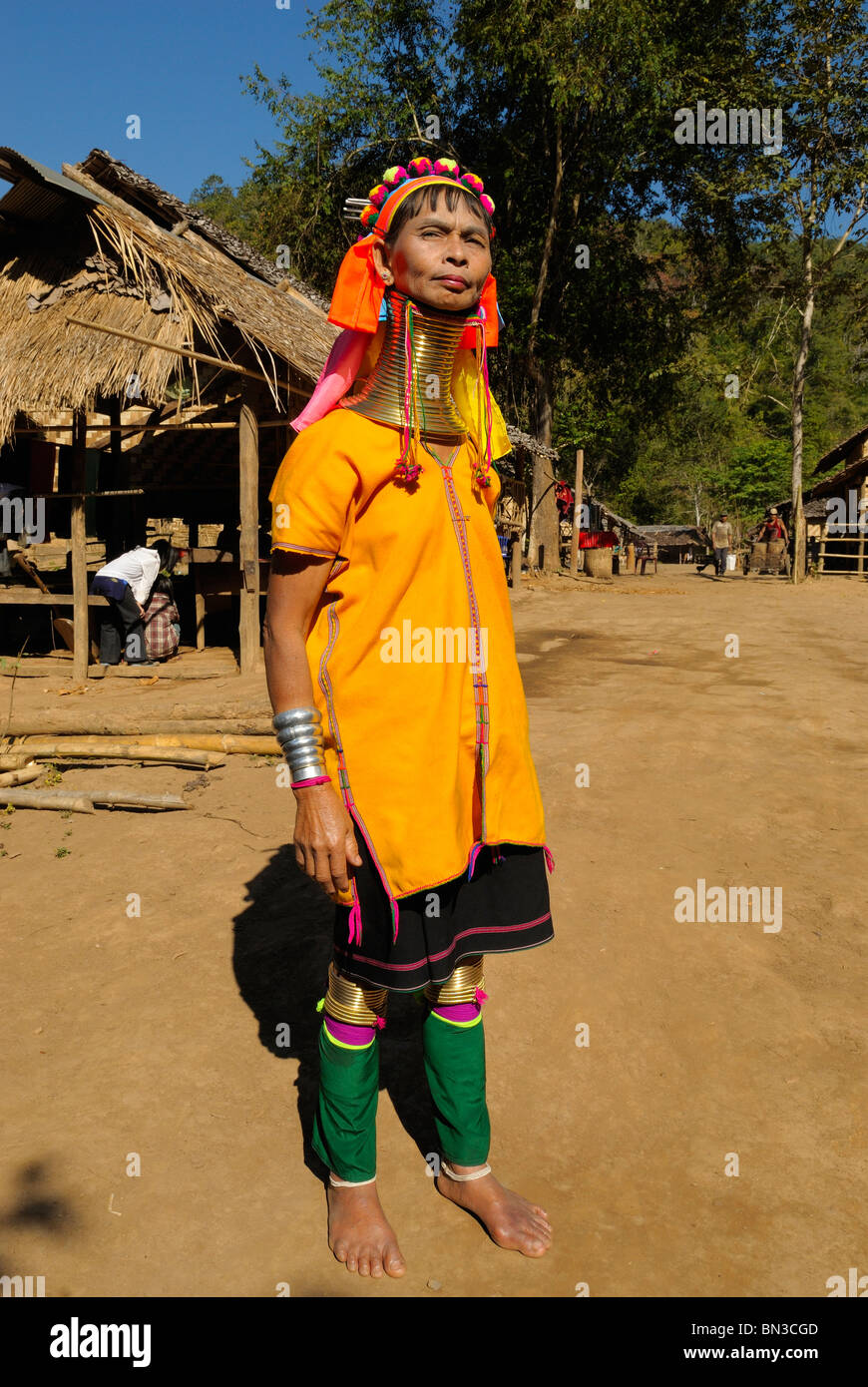 Kayan (ethnic minority) woman also called longneck wearing gold rings around her neck, Mae Hong Son, Northern Thailand, Asia Stock Photo