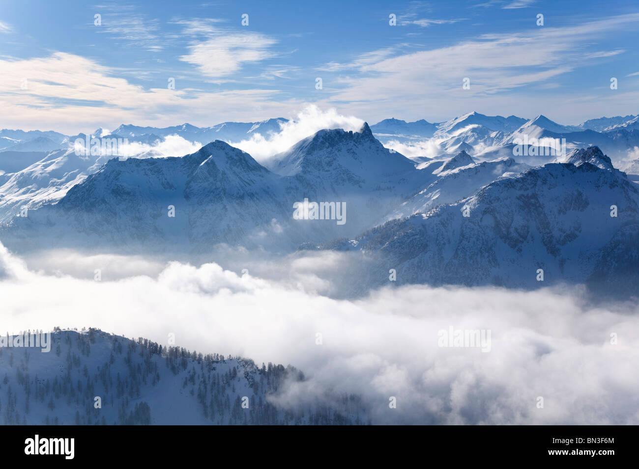 Mountains of the central alps covered with fog, Pongau, Austria, elevated view Stock Photo