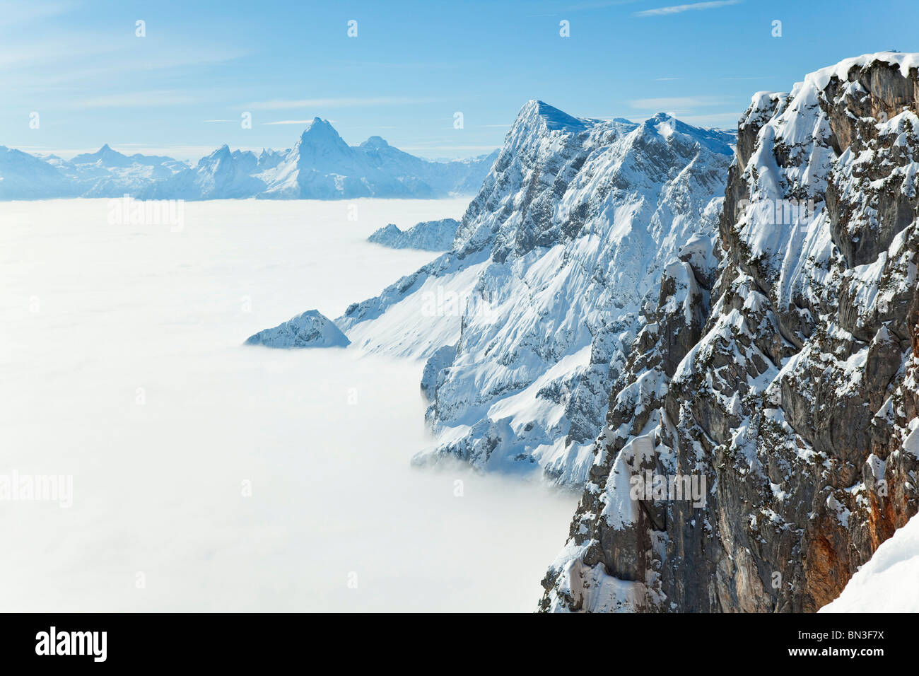 Fog shrouding Berchtesgaden Alps, Watzmann in the background, Austria, elevated view Stock Photo