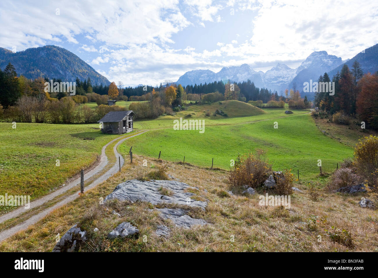 Hut at a footpath, mountains in the background, Salzburger Land, Austria  Stock Photo - Alamy