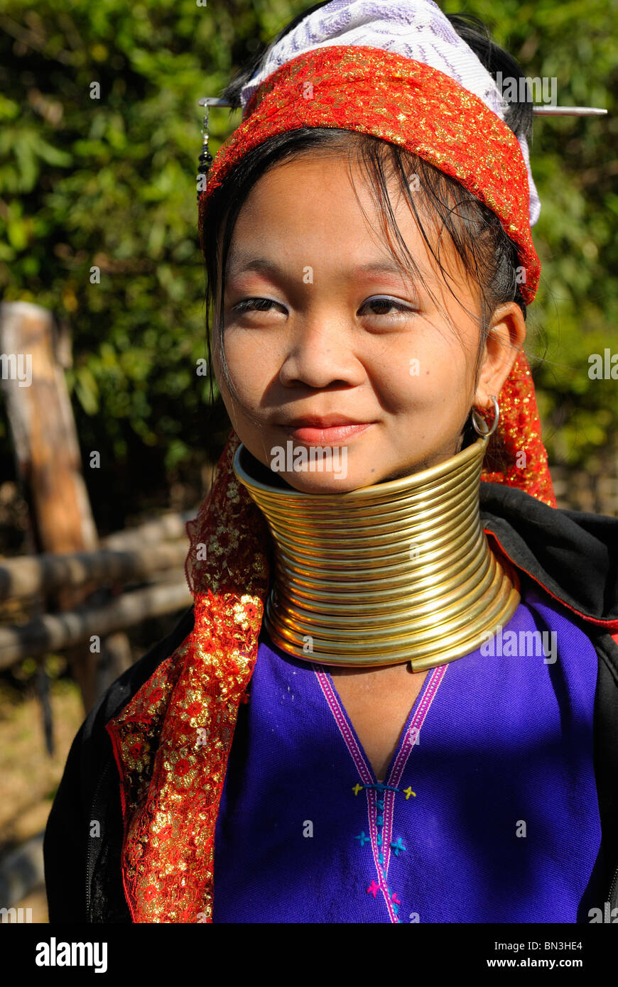 Kayan (ethnic minority) woman also called longneck wearing gold rings around her neck, Mae Hong Son, Northern Thailand, Asia Stock Photo