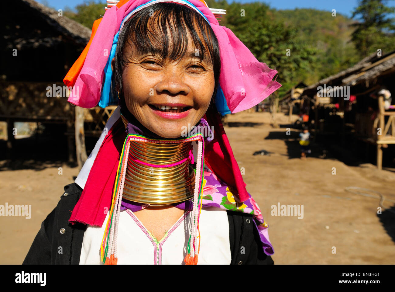 Kayan (ethnic minority) woman also called longneck wearing gold rings around  her neck, Mae Hong Son, Northern Thailand, Asia Stock Photo - Alamy