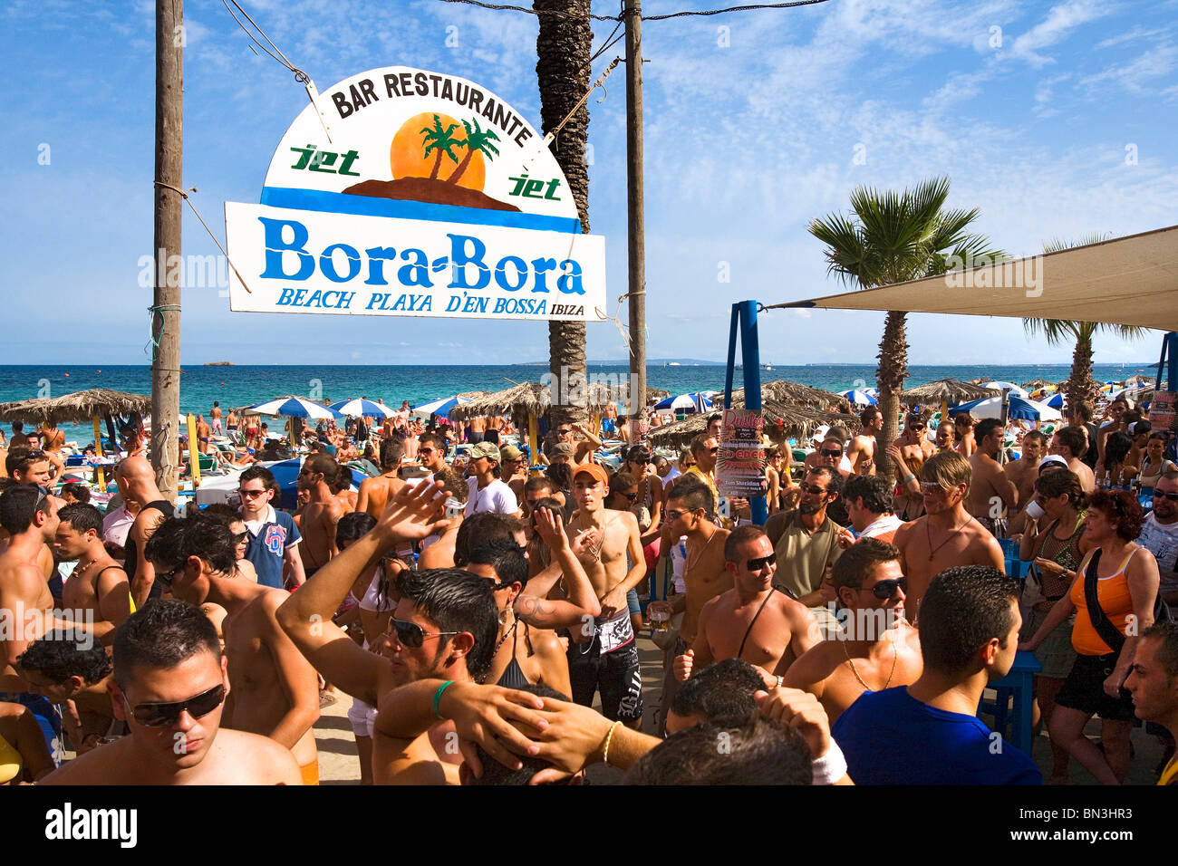 Beachbar Bora-Bora, Platja den Bossa, Ibiza, Spain, elevated view Stock  Photo - Alamy