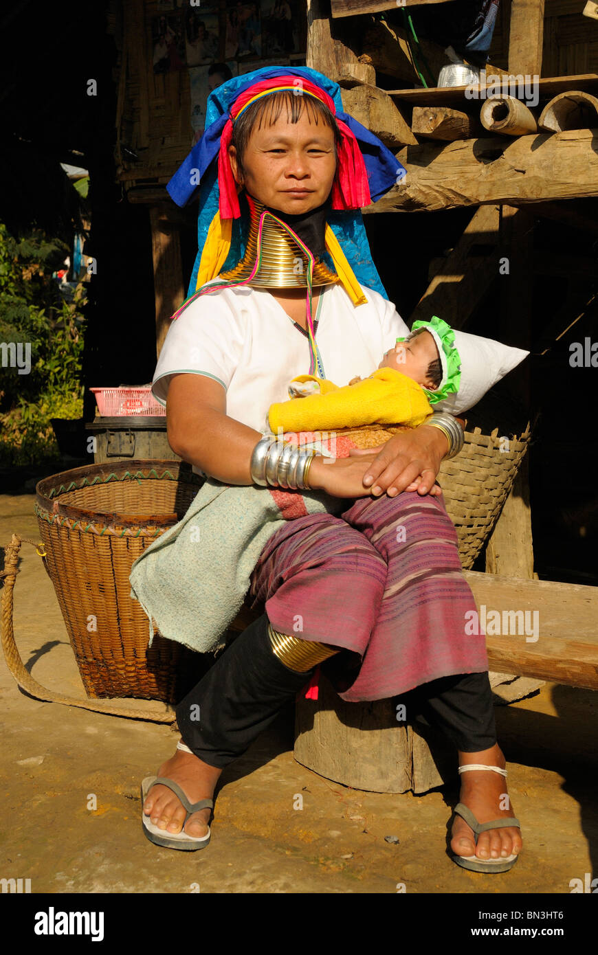 Kayan (ethnic minority) woman also called longneck wearing gold rings around her neck, Mae Hong Son, Northern Thailand, Asia Stock Photo