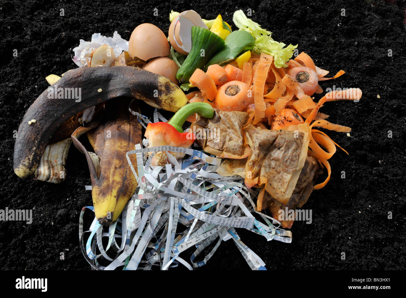 Organic waste materials such as eggshells, newspaper and vegetable peelings on a garden compost