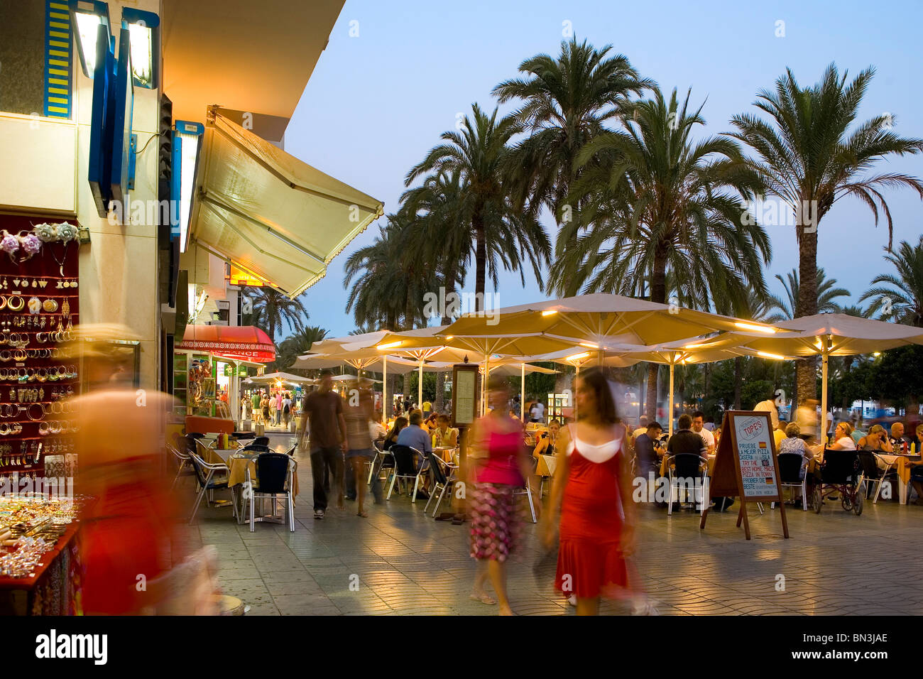Restaurants along a promenade, Sant Antoni de Portmany, Ibiza, Spain Stock Photo