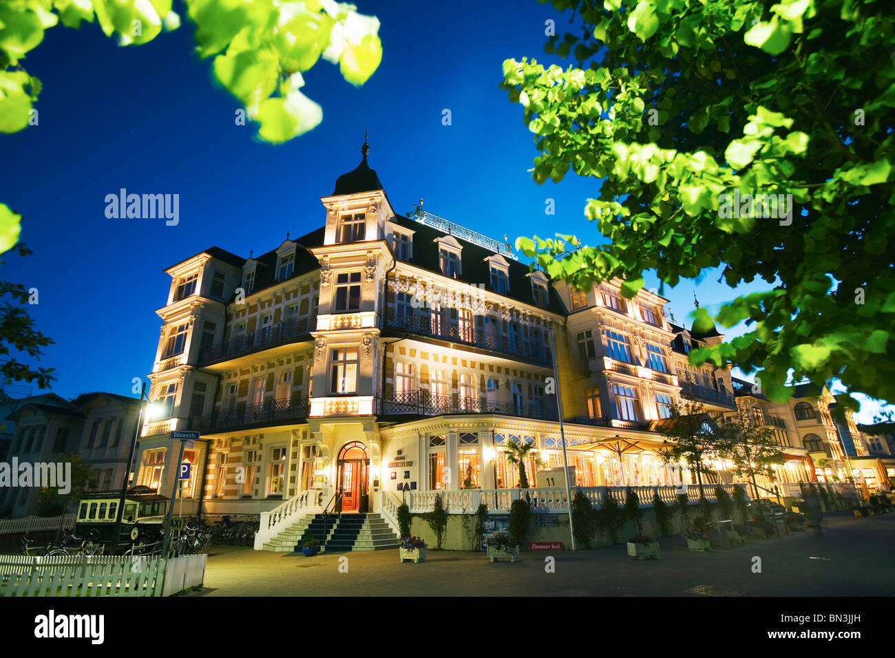 Hotel Ahlbecker Hof at night, Ahlbeck, Usedom, Germany, low angle view Stock Photo