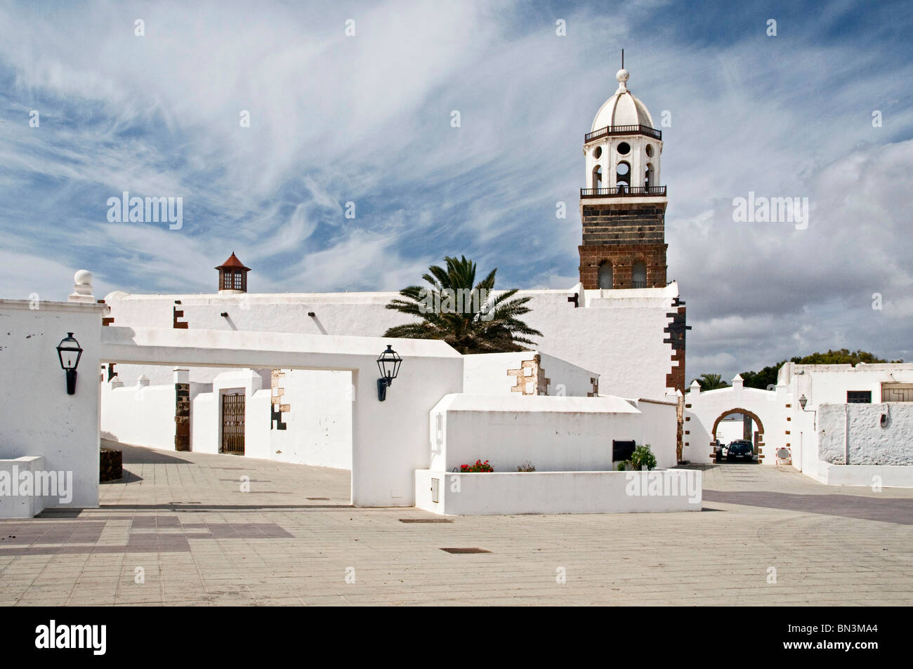 White buildings and San Miguel Church, Teguise, Lanzarote, Spain Stock Photo