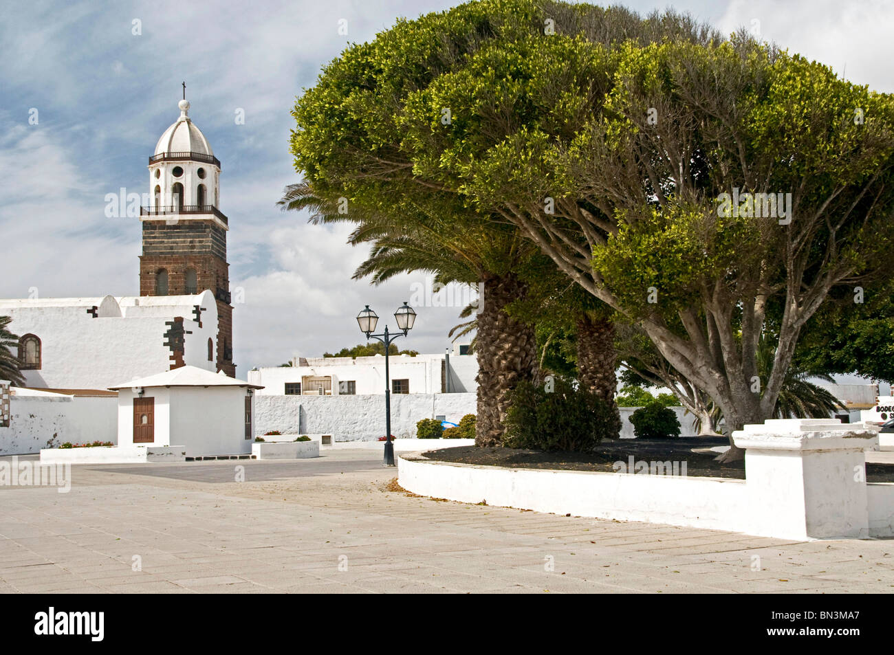White buildings and San Miguel Church, Teguise, Lanzarote, Spain Stock Photo