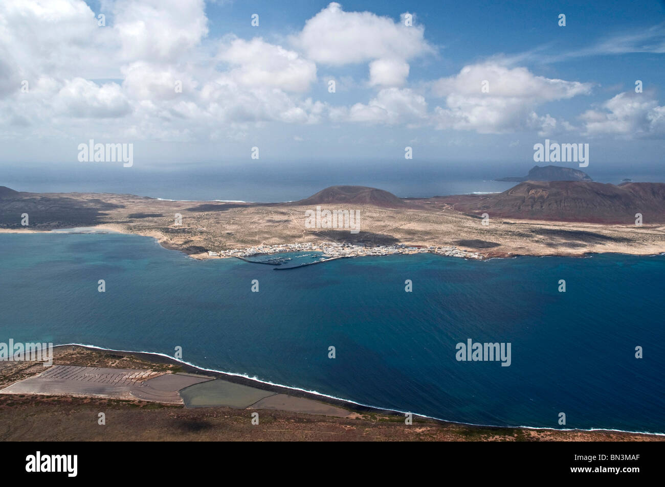 View of La Graciosa, seen from Mirador del Rio, Lanzarote, Spain, bird's eye view Stock Photo