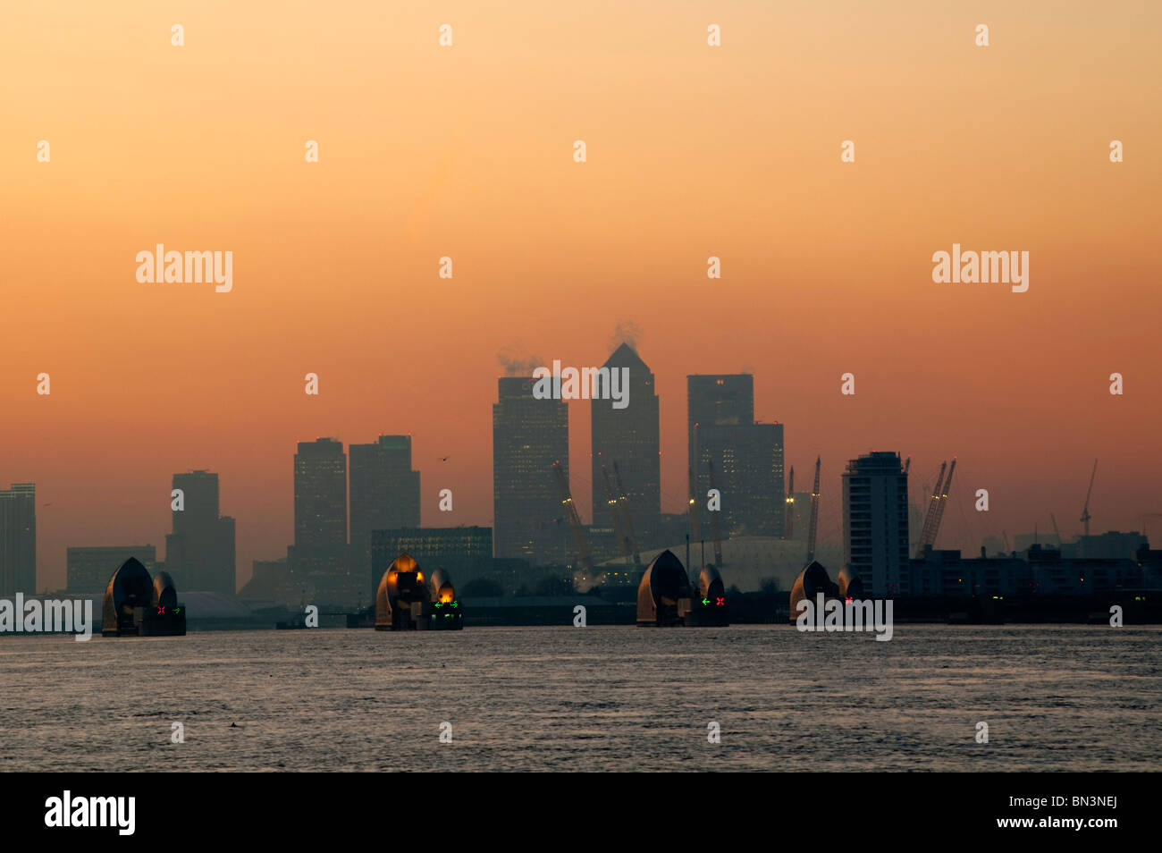 Canary Wharf and Thames Barrier, London, UK, Europe Stock Photo