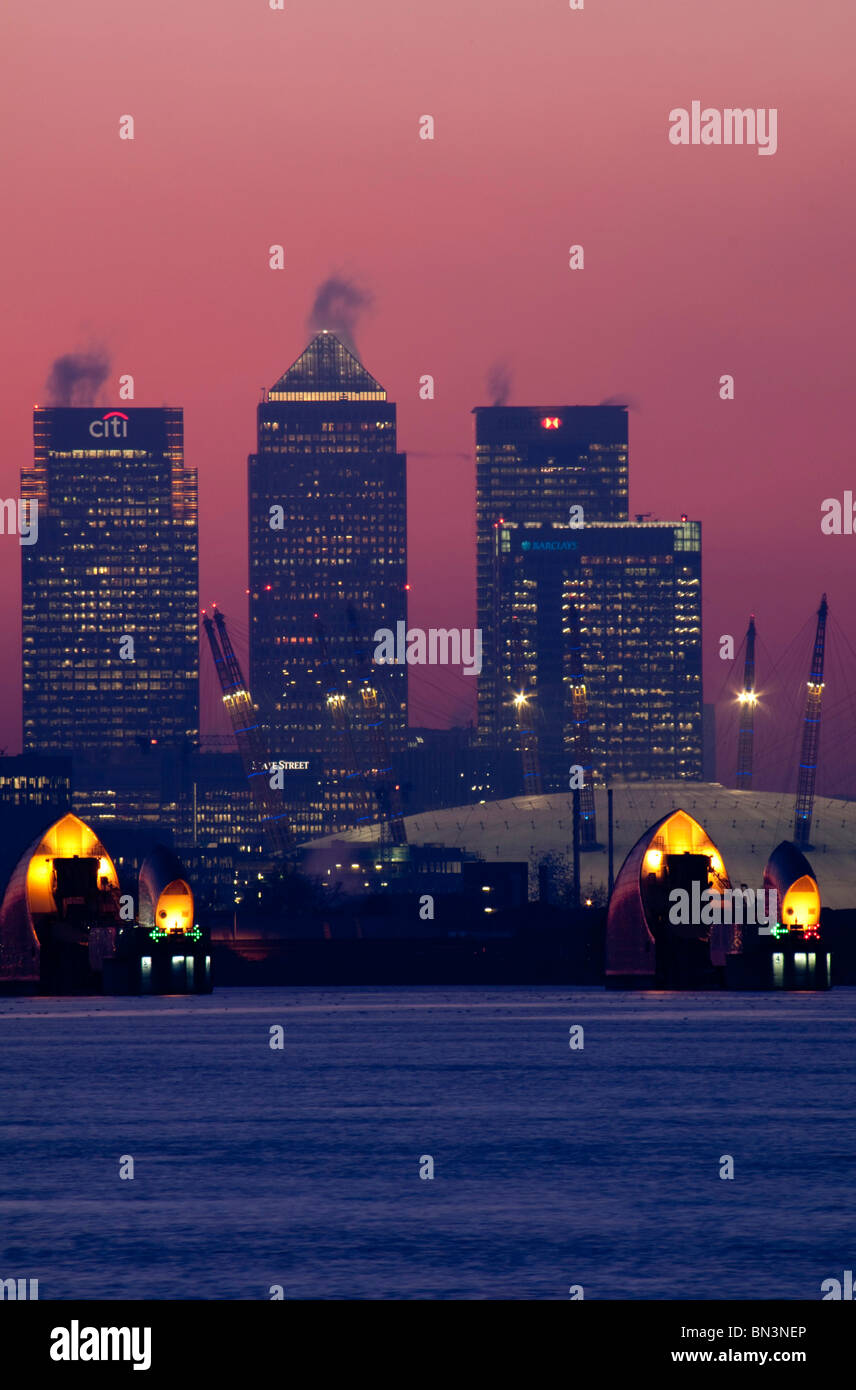 Canary Wharf and Thames Barrier, London, UK, Europe Stock Photo
