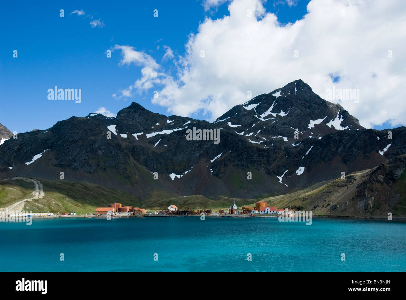 Grytviken, a former whaling station, view from boat, South Georgia Stock Photo