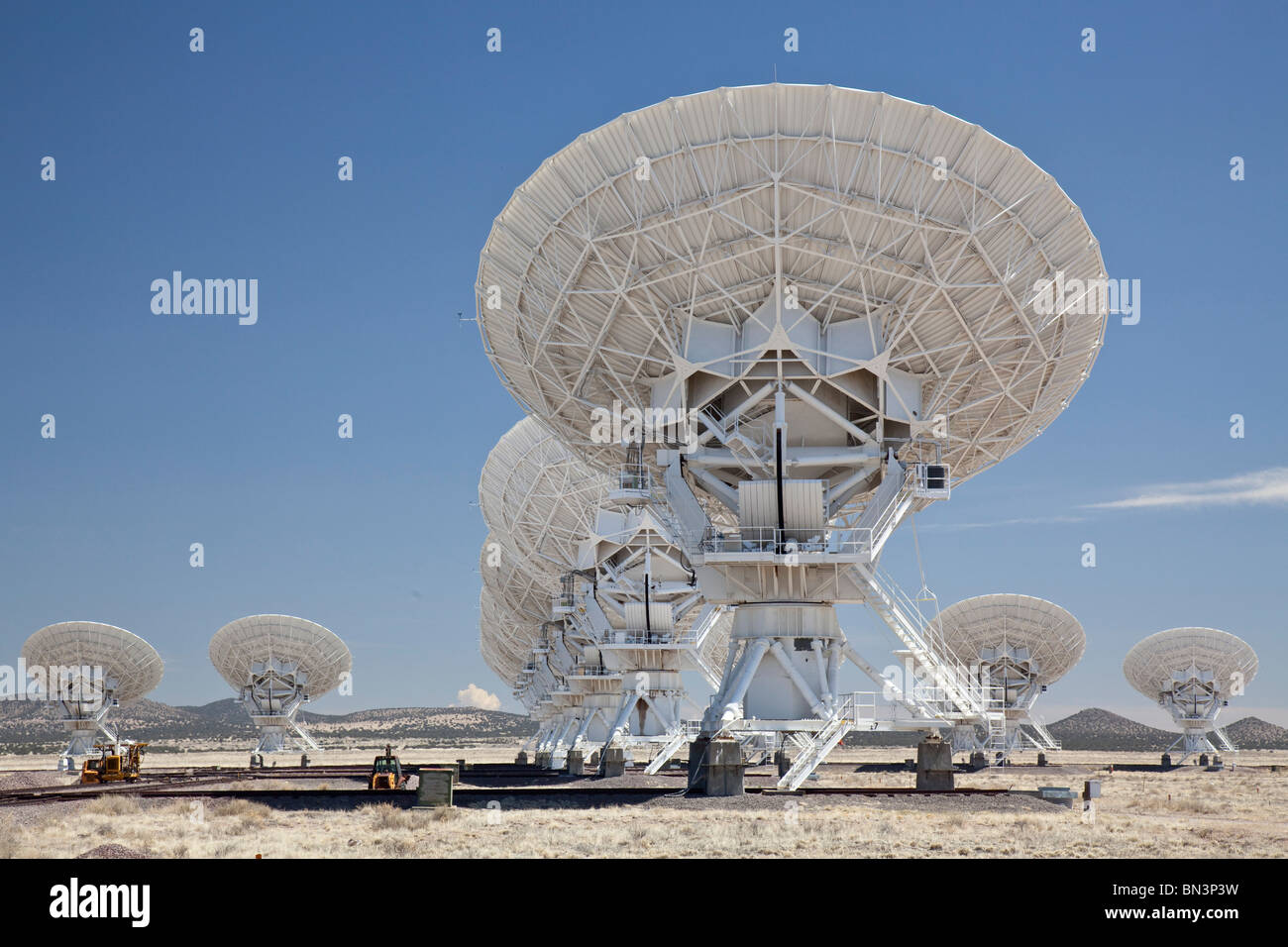 Radio Telescopes in the Very Large Array, New Mexico, USA, low angle view Stock Photo