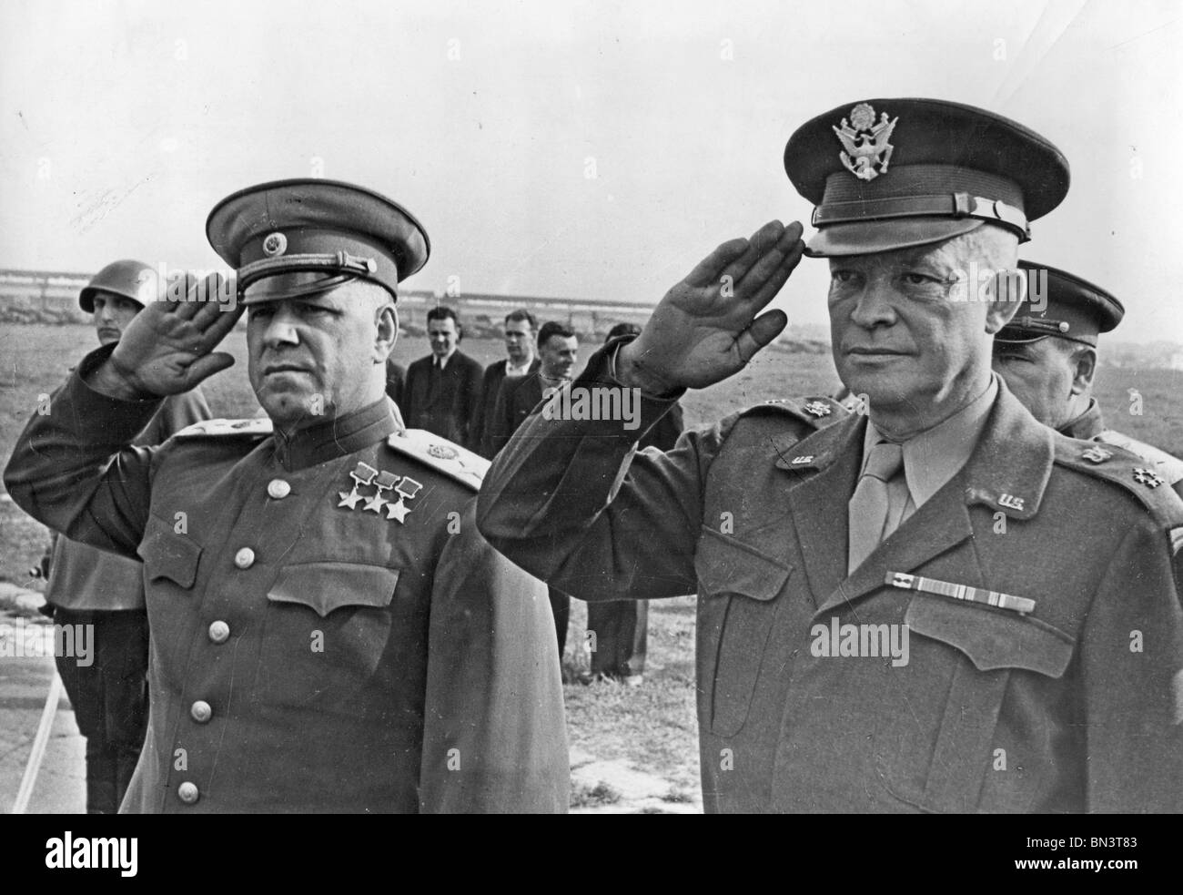 GENERAL DWIGHT D EISENHOWER  takes a salute at Moscow Airport on 11 August 1945 with Soviet Marshal Georgy Zhukov Stock Photo